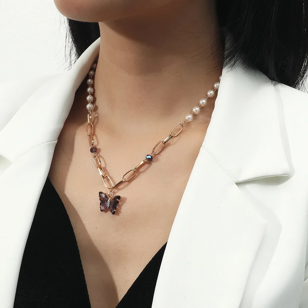 2021 New Fashion Pearl Chain Pink Purple Zircon Butterfly Pendant Necklace For Women Vintage Double Layer Choker Jewelry Gifts | Украшения
