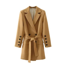 Chaqueta larga Retro con cinturón para mujer, abrigo de oficina de manga larga con doble botonadura, informal, color marrón, novedad de Otoño de 2021