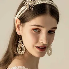 Золотые стразы, листья, жемчуг, свадебная повязка на голову, тиара с серьгами, Кристальный головной убор, свадебные аксессуары для волос для невесты, женщин