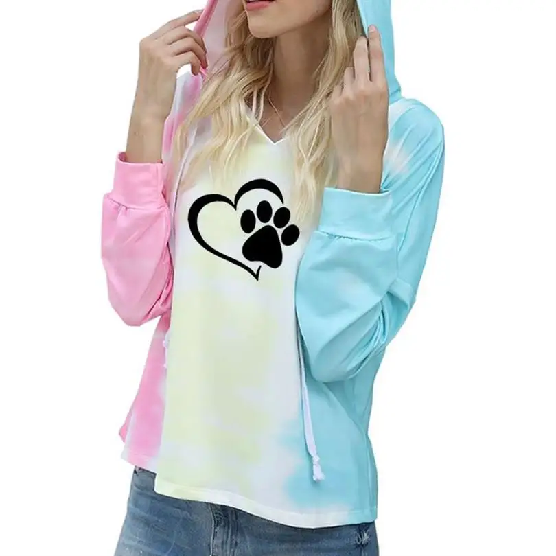 Dog Paw Print Hoodies For Women Tie-Dye Hooded Long-Sleeved Sweatshirt Tops Oversize Ladies Pullovers Women Pockets