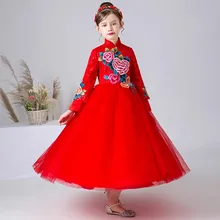 Chinese Red Dresses For Kids Girl Tulle Velvet Vintage Ankle-Length A-Line Princess Gown Embroider Hot Sale For Wedding Birthday