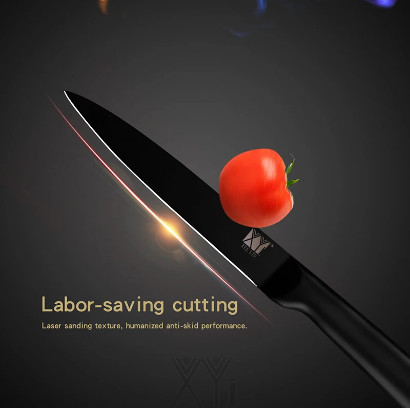 XYJ набор кухонных ножей японский " Santoku 5" Универсальный 6," нож шеф-повара Держатель ножей из нержавеющей стали черное лезвие инструменты для приготовления пищи
