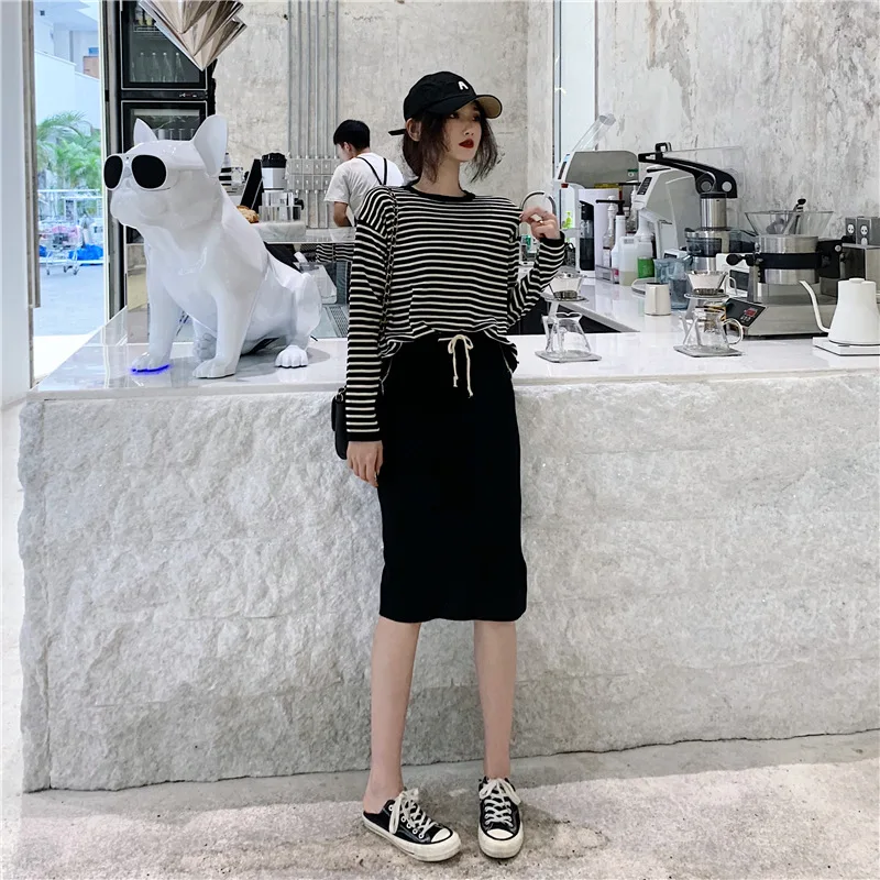 

Striped Shirt Knitting Suit Women's 2019 New Style High Waist Skirt Two-Piece Set
