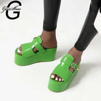 

GENSHUO 2020 New British Wedges Sandals Shoes For Women Open Toe Punk Shoes Woman Black Patent Leather Platform Heels Beach Shoe