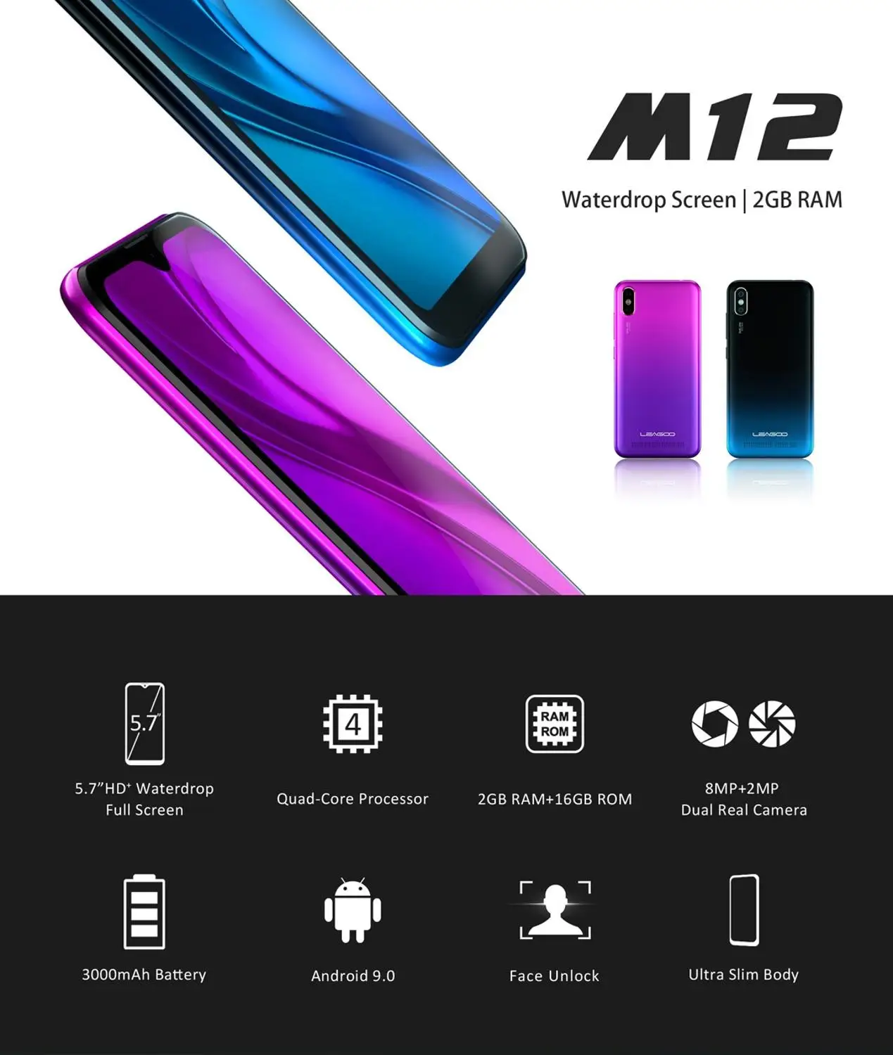 LEAGOO M12 Android 9.0 Smartphone 5.7" Water-drop 19:9 Screen 2GB RAM 16GB ROM MT6739WW Quad Core Fingerprint Face ID 4G Mobile