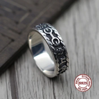 

S925 sterling silver ring Classic personality series Buddhism Six words mantra retro style Send lover's gift