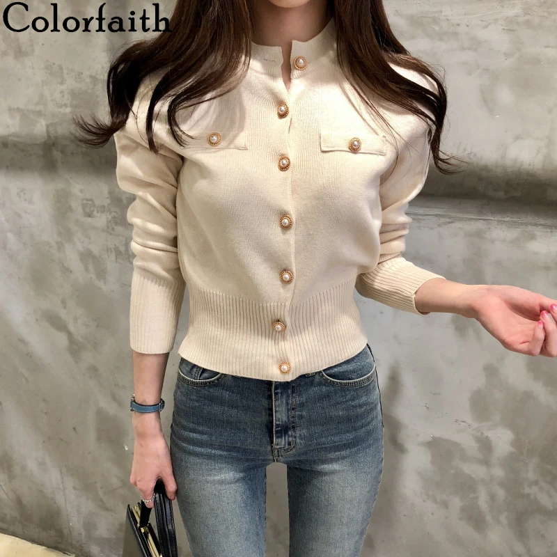 Colorfaith, женские свитера, Осень-зима, кардиганы, вязаные, на пуговицах, однобортные, модные, корейский стиль, одноцветные Топы SW7080