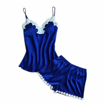 

Women Lace Stitching Sexy Tops+Pants Suit Summer Silk Pillow Pad Candy Color Sling Pajamas Setest New Vcqy