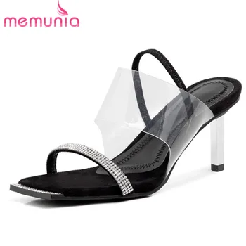 

MEMUNIA 2020 new arrive women sandals suede leather slip on pvc summer thin high heel party wedding shoes ladies sandals