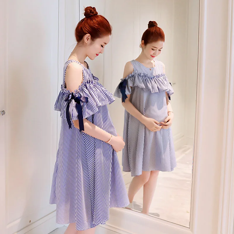 

Maternity Clothes Photo Shoot 2017 Summer New Style Korean-style off-Shoulder Stripes Pregnant Women Dress (Belt Included)
