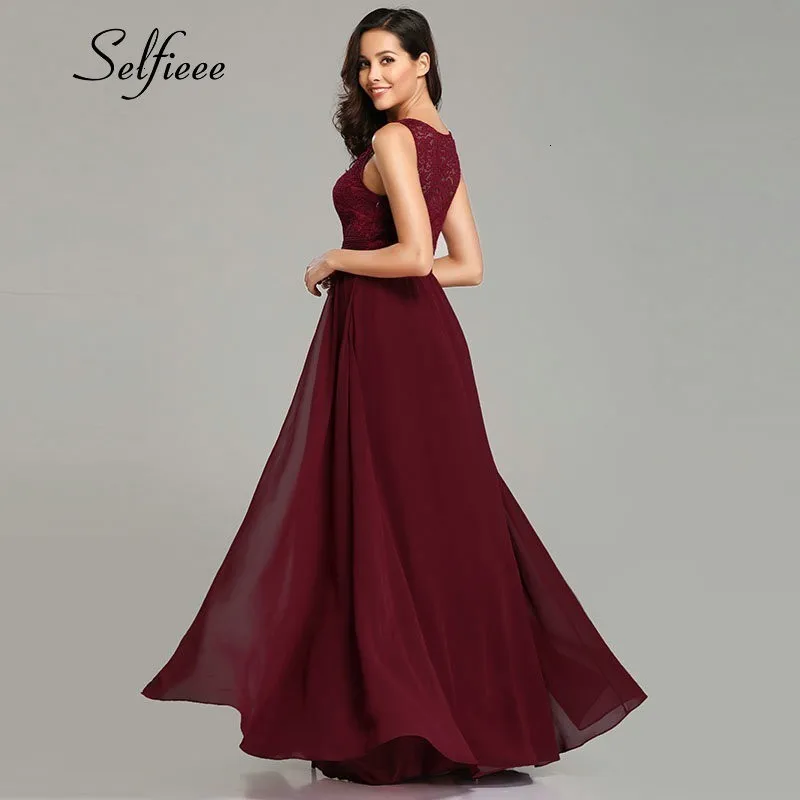 New Year Women Dresses Long Sexy A-line Sleeveless O-neck Chiffon Lace Summer Beach Dress Elegant Burgundy Party Gowns