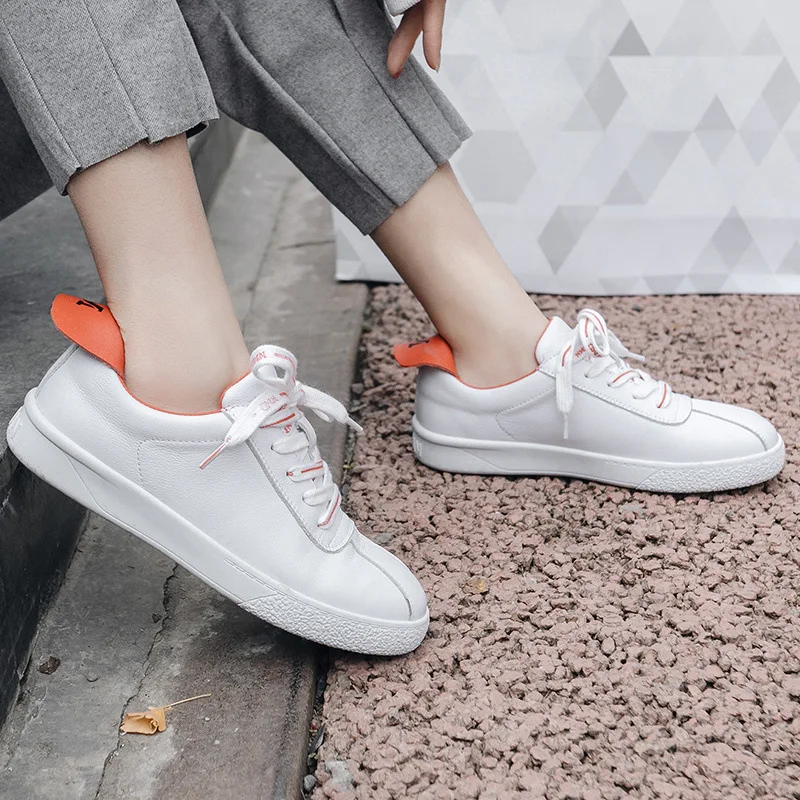 

2019 Early Spring New Style Genuine Leather Flat round-Toe White Shoes Flat Casual Sports Shoes Harajuku Bandage Cloth Shoes WOM