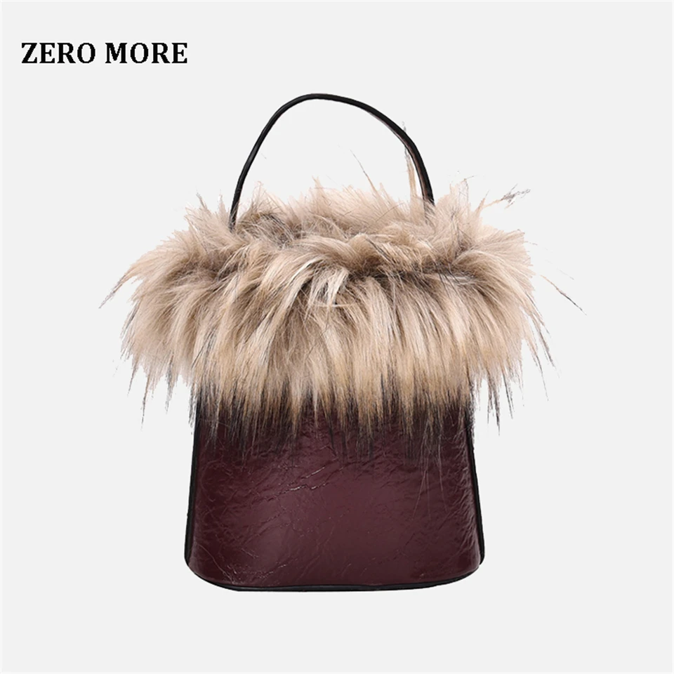 

Leather Handbag Women 2020 Mini Shoulder Bag High Quality Female Winter Long Fur Bucket Handbags and Purses for Party