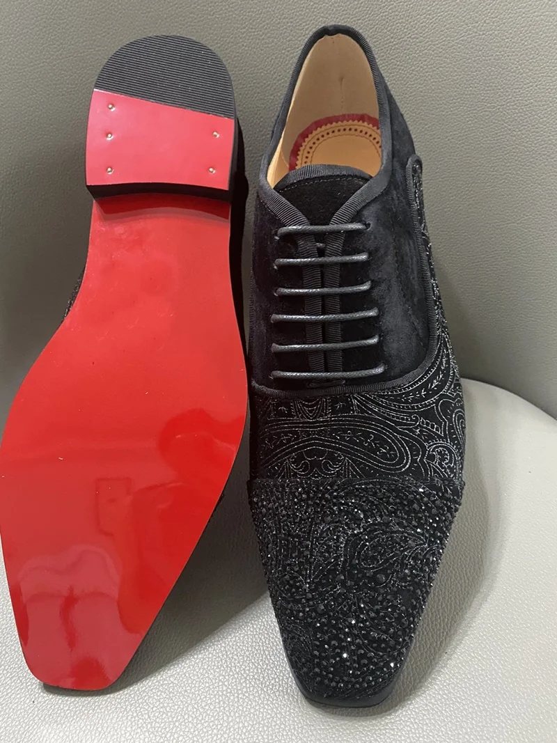 LOUBUTEN Luxury Black Suede Oxford Shoes For Men High Quality Rhinestone Dress Shoes Lace-up Red Bottom Party And Wedding shoes