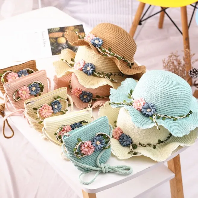 Sun Hat Sun Protection Hat Children Straw Hat + Shoulder Bag Tote bags Summer Kids Girl Baby 2pcs a Set Cute Floral Sun Hat Bucket Gorros