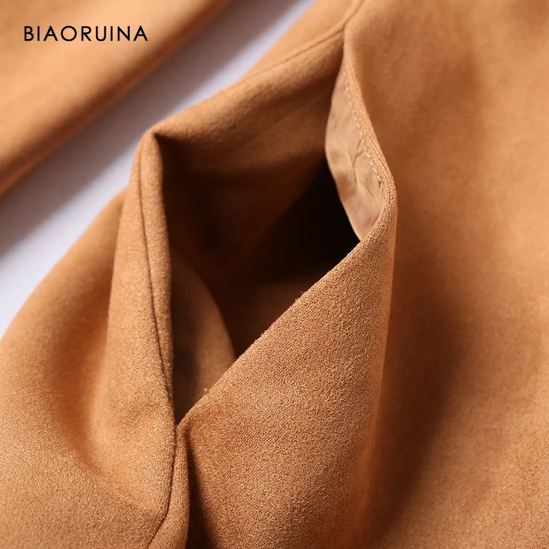 BIAORUINA, 3 цвета, Женская сплошная шикарная замша, открытая стежка, длинный Тренч, отложной воротник, Дамское элегантное прямое уличное пальто