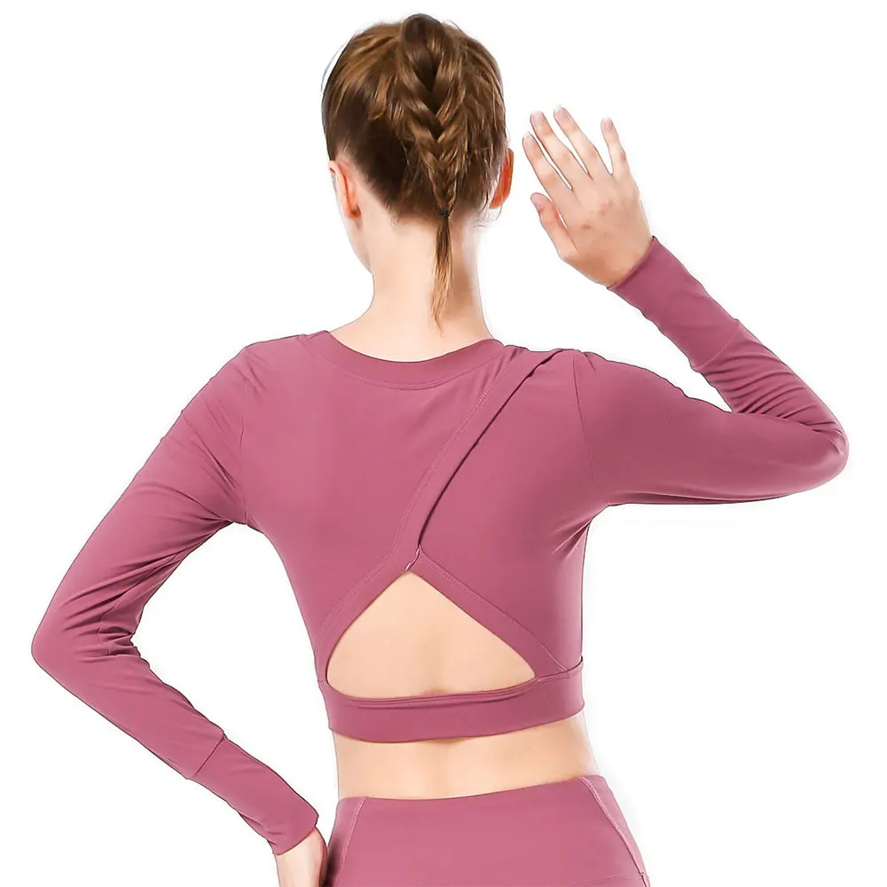 Женские рубашки для йоги из нейлона с открытой спиной, тонкая спортивная одежда, укороченный топ для фитнеса, спортзала, Femme, бодибилдинга, тренировки, футболка с длинным рукавом для женщин - Цвет: Pink