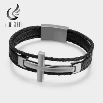 

Fongten Retro Cross Leather Bracelet Men Stainless Steel Weave Black Bracelets Bangle Male Fashion Jewelry