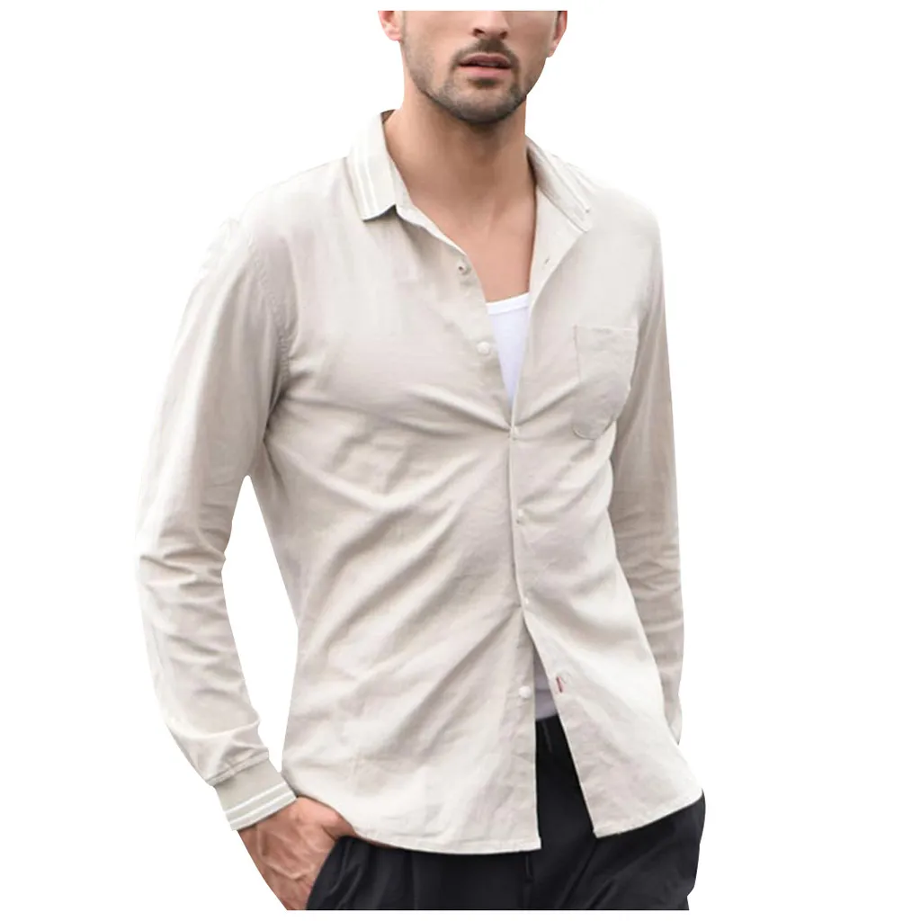 Camisa Masculina Мужская винтажная однотонная льняная Однотонная рубашка с длинными рукавами в стиле ретро рубашки модные мужские облегающие рубашки