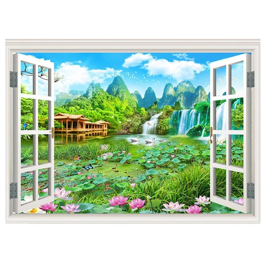 Full Square Round Drill Diamond Painting lotus waterfall swan Scenery Outside Window Diy 5D Cross Stitch Wedding Decor JS5665 | Дом и сад