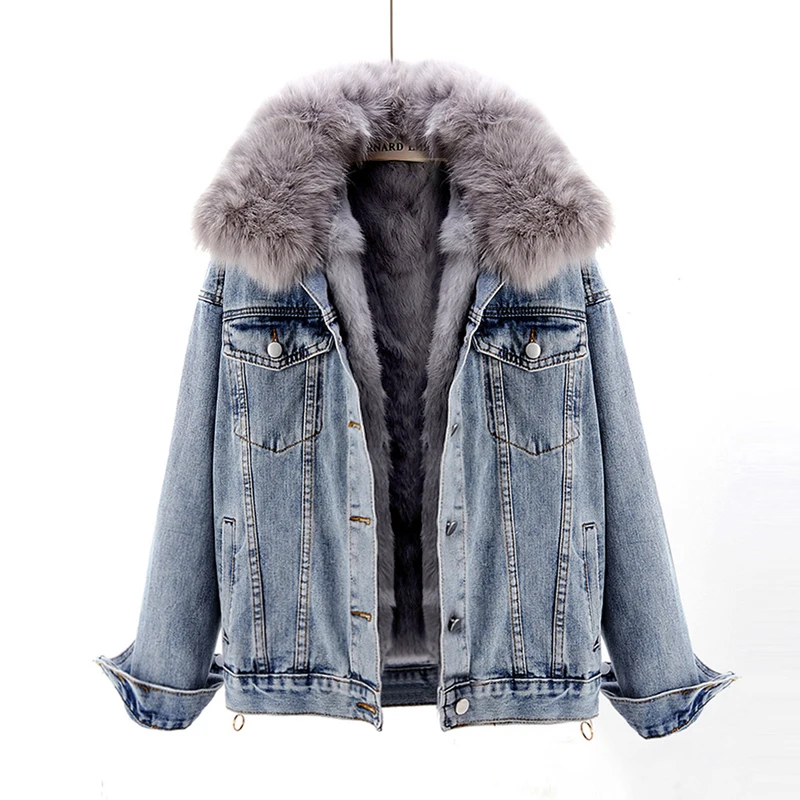 

Winter Thick Warm Removable Natural Fox Fur Collar Denim Jacket Women Korean Loose Short Rabbit Fur Liner Jeans Jacket Female