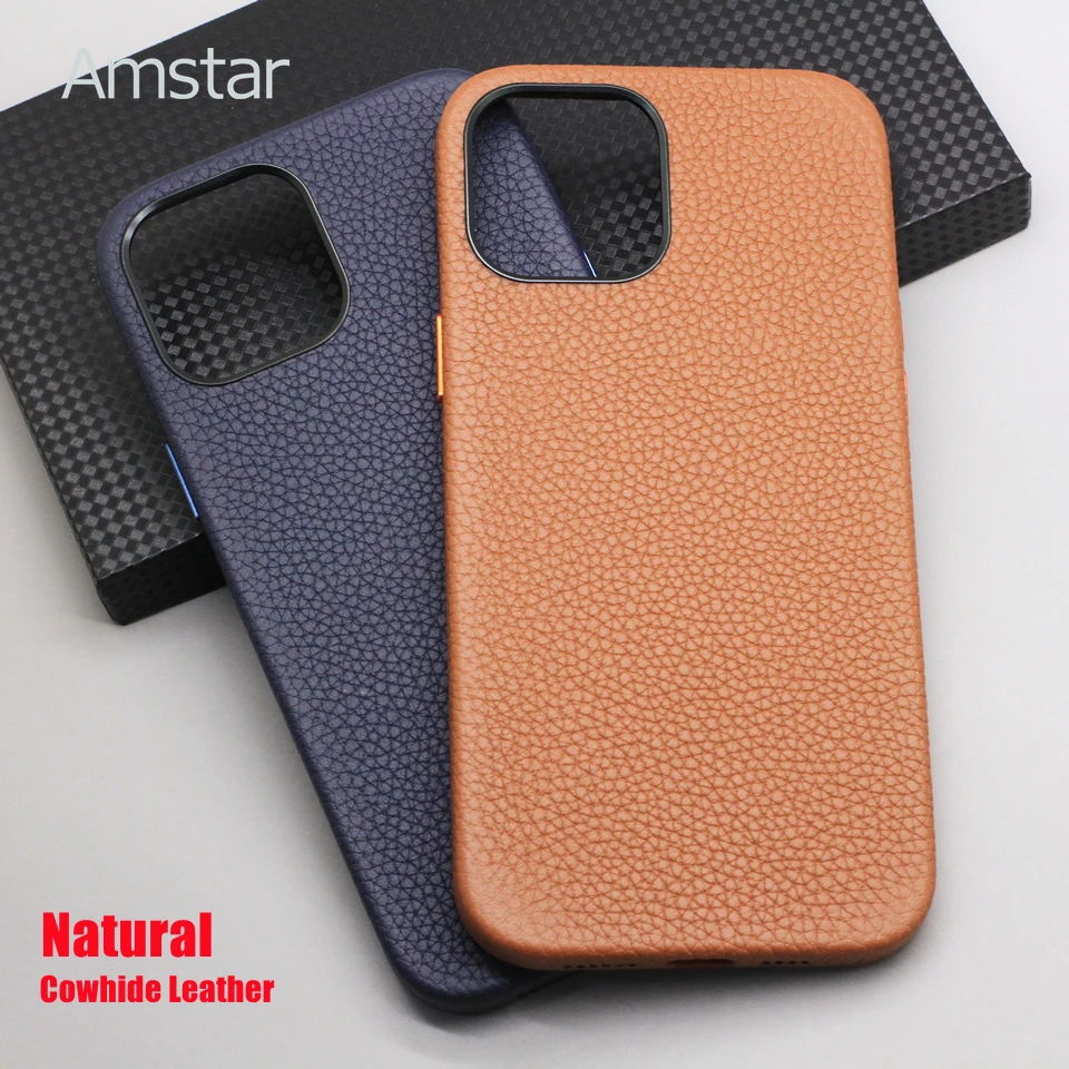 Amstar Luxury Natural Cowhide Leather Magnetic Case for iPhone 13 12 11 Pro Max Genuine Leather Cover for iPhone 13 12 11 Pro best iphone 11 Pro Max case