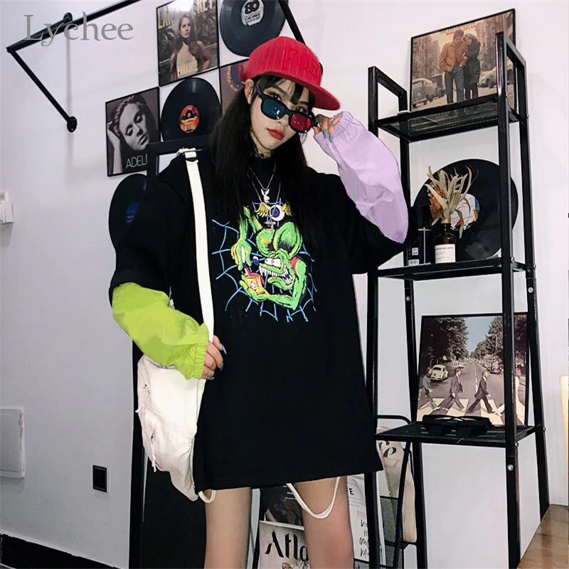 Lychee, Harajuku, поддельные, 2 шт., с круглым вырезом, женские пуловеры, монстр, пэчворк, флис, женские толстовки, повседневные, свободные, Осенние, женские топы