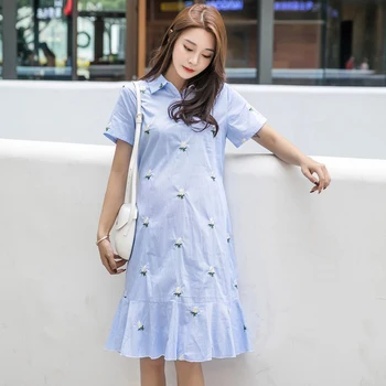 

Plus Size Maternity Dresses for Pregnant Women Fahion Stripes Floral Embroidery Linen Midi Dress Summer Pregnancy Clothes 2020