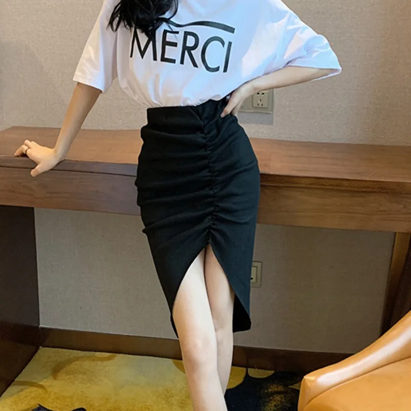 Women High Waist Irregular Skirt Wrap Asymmetric Drape Ruched Skirt Party Office Side Split Slit Midi Skirt M