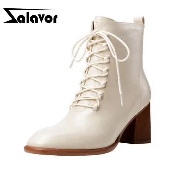 

ZALAVOR 2020 New Winter Warm Shoes Women Ankle Boots Lacing Square Heel Solid Color Daily Office Ladies Zapatos Size 34-40