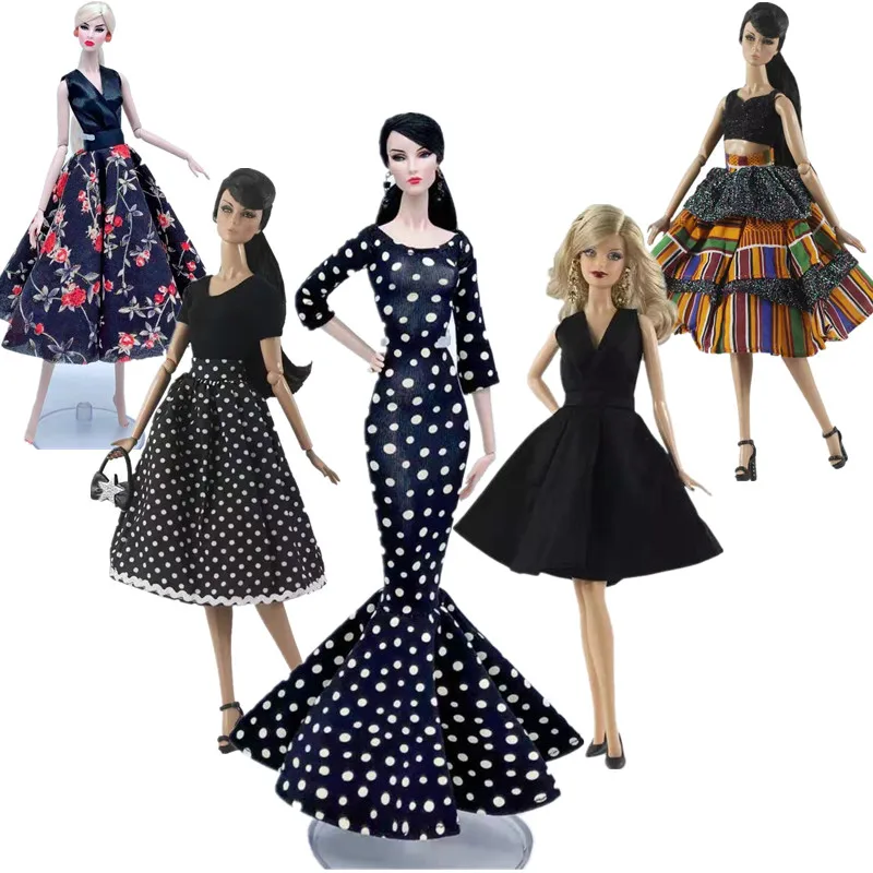 1/6 BJD Dolls Accessories Classic Black Longsleeve Dotted Polka Dress For Barbie Clothes Princess Fishtail Party Gown Kids Toy | Игрушки и