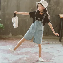 Популярные модели, удобные летние модные джинсовые комбинезоны с принтом cola для девочек, Детский Молодежный комплект из двух предметов с короткими рукавами