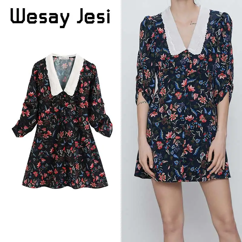 

2020 fashion Summer Dress high street vintage flower long sleeve party mini dress women vestidos vestidos de fiesta de noche