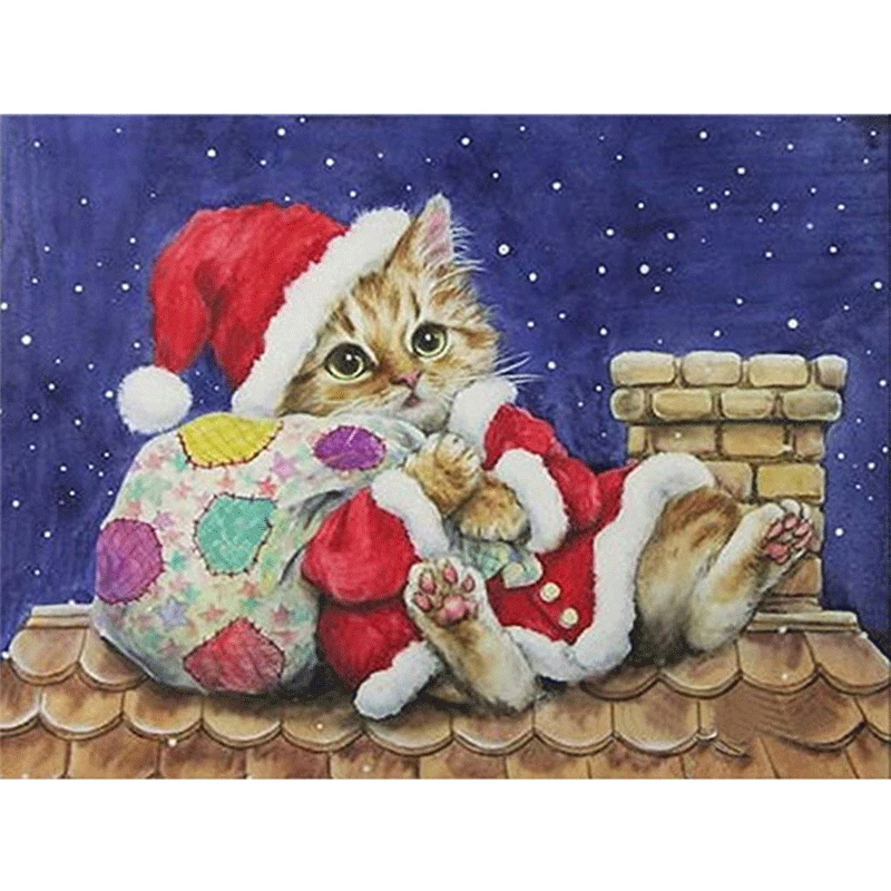 Christmas Cat DIY Кристалл полный дрель бриллиантовый рисунок Рождество Снеговик, лось, Санта-Кот крестиком Набор Мозаика круглые бусины подарок для детей - Цвет: Christmas Cat