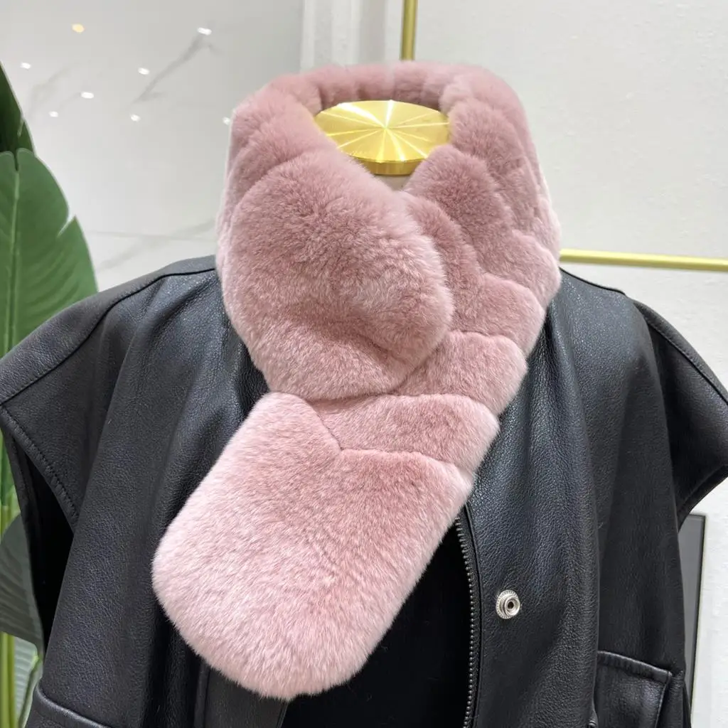 2021 New Korean Rex Rabbit Fur Scarf Women Long Hair Bib Ubiquitous Clip Autumn and Winter Warm Collar Neckwear Rings |