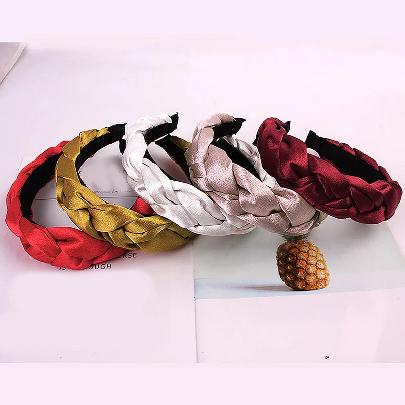 

Hot Fashion Satin Cross Twisted Braid Headband For Women Head Hoop Solid Color Luxury Elastic Hair Bands Turban Hair Accessories