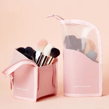 Кожаная сумка для хранения кистей для макияжа, сетчатая вертикальная сумка на молнии с ручкой, сумка для переноски, для макияжа, может стоить розовый/зеленый на выбор, розовый/зеленый