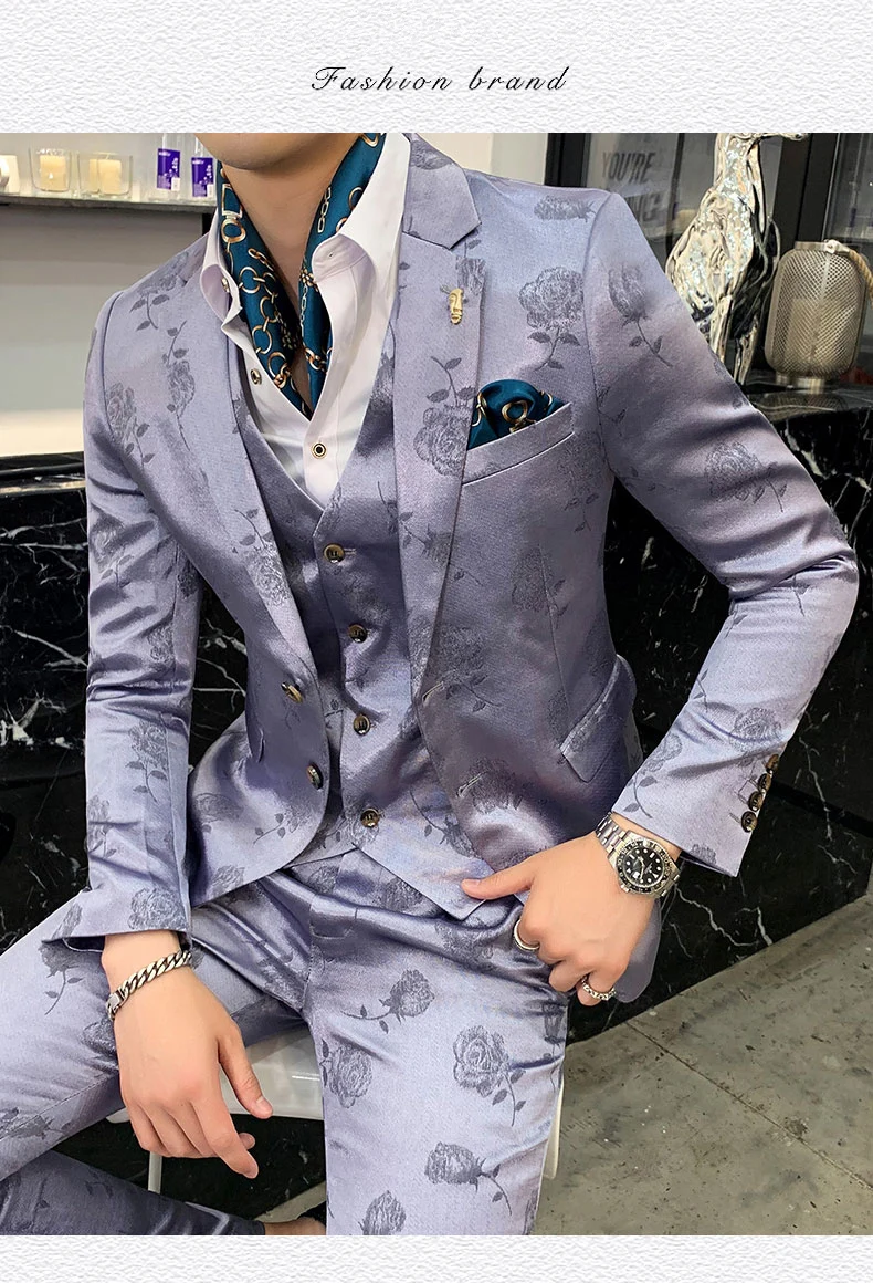 Синие мужские свадебные костюмы Модный цветочный костюм для собаки Homme Mariage Роскошные 3 шт приталенный костюм Masculino элегантное платье Q206