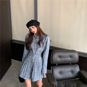 

Retro Women Sets Clothes Plaid Cardigan + High Waist Short Skirt Sets 2020 Spring New Fashion Two Piece Set Vintage Matching Set