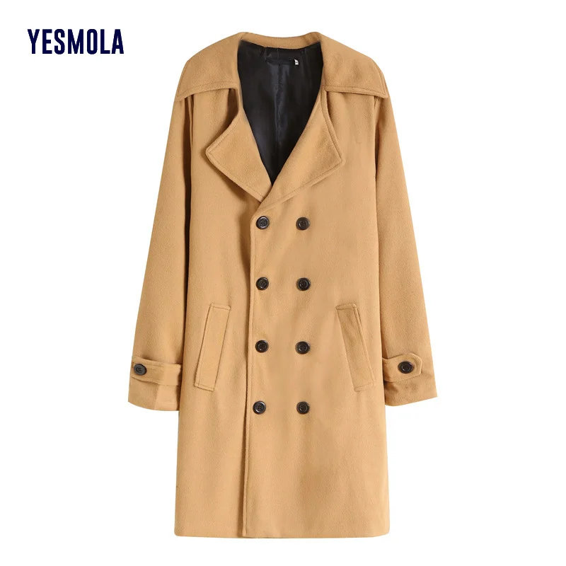 

YESMOLA Men's Winter Jacket Woolen Blend Outwear Windbreaker Double-breasted Fashion Casual Solid Men's Wear Clothing
