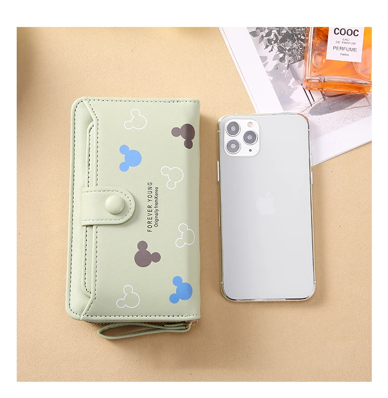 Lovely Mickey Cartoon PU Leather Lady Long Hand Holding Large-Capacity Card Holder Women`s Wallet Girl Fashion Mobile Phone Bag