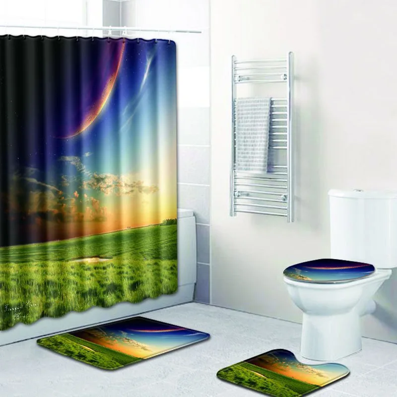 

Tree Landscape Scenery Print Waterproof Shower Curtain Bathroom Pedestal Rug Lid Toilet Cover Anti-slip Bath Mat Carpet
