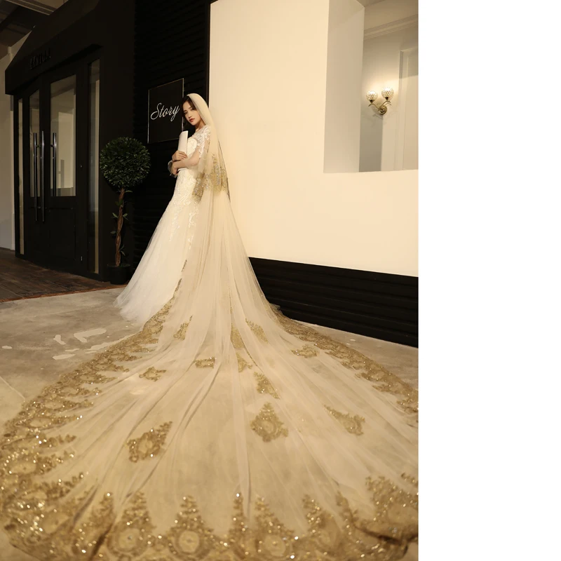 Gold Lace Edge Luxury Cathedral Wedding Veil Hot Sale Wedding Accessories Long Bridal Veils Velos De Novia 3m Width 3.5m Lengh