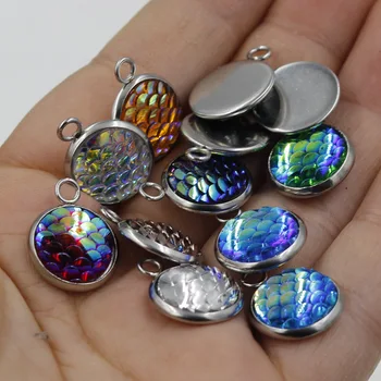 

12MM Fish Scale Charm Pendant Resin Mermaid Cabochon Stainless Steel Button DIY Earrings Necklace Jewelry Gift