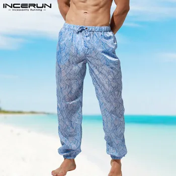 

Men Beach Pants Transparent Printed Joggers Vacation Quick Dry Sexy Thin Pants Casual Sunscreen Long Trousers Men S-5XL INCERUN