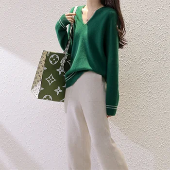 

20 Spring new hooded cashmere sweater casual V-neck knitted hedging long sleeve wool sweater warm and comfortable New product