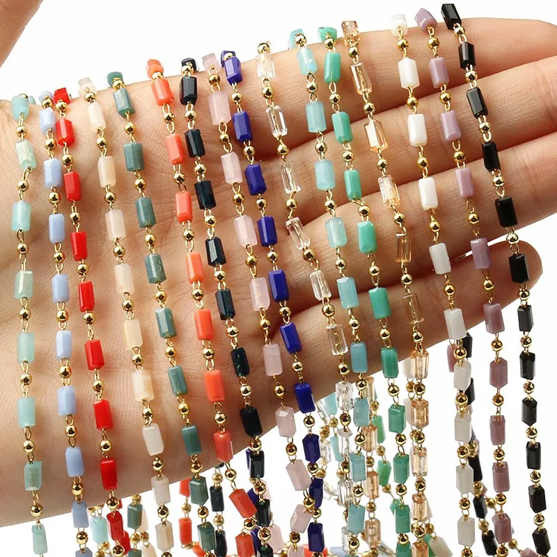 

1M Stainless Steel Gold Color Chain Cylinder Stone Beads for Jewelry Making DIY Handmade Necklaces Ankles Accessories