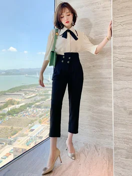 

Temperament Age-Reducing Solid Color Shirt + Irregular Waist Slimming Casual Pants Suit, Female 2020 Early Autumn New Style