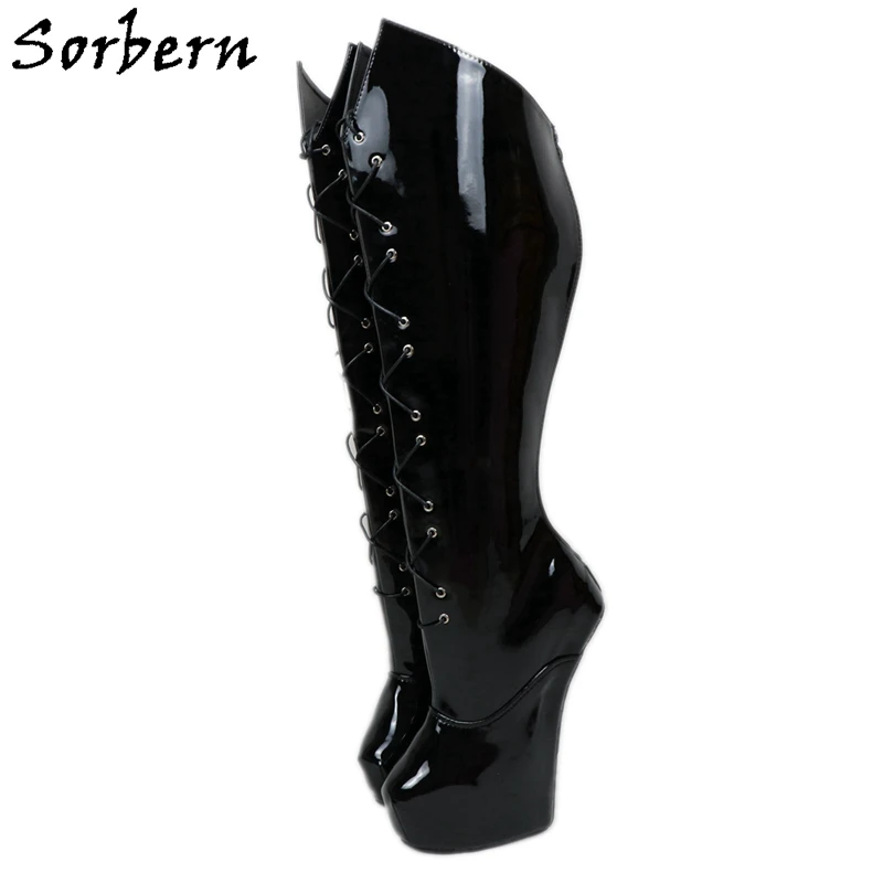 Sorbern Heelless Wedge Boots Women Knee High Cosplay Boot Custom Wide Fit Womens Fall Boots Platform Black Shoes Lace Up