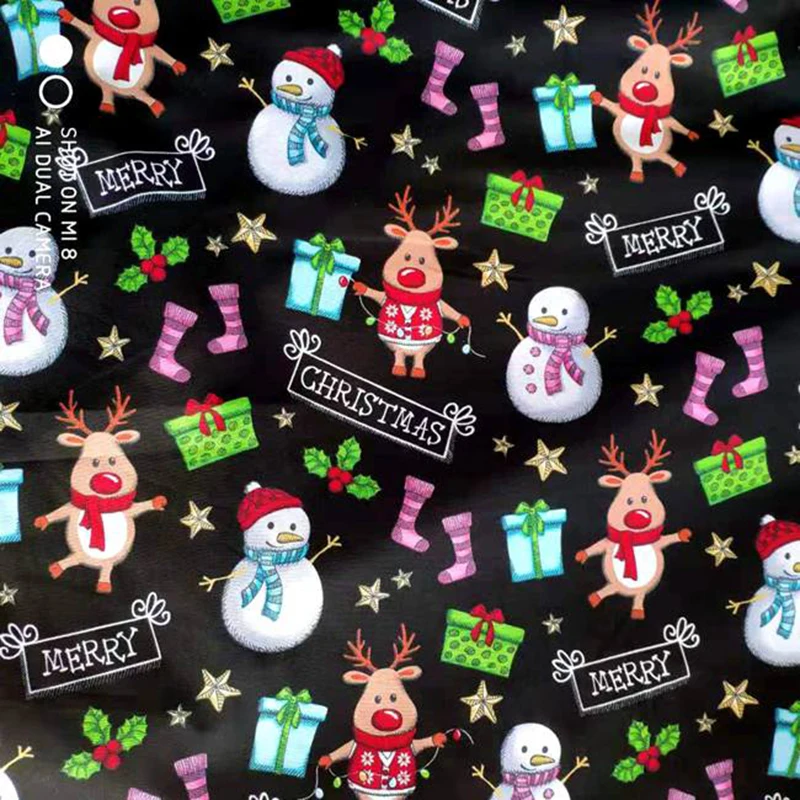 Beautiful Wide 140cm Black Cartoon Christmas Snowman Elk Print Cotton Fabric Quilting Patchwork Sewing Material Diy Clothing | Дом и сад